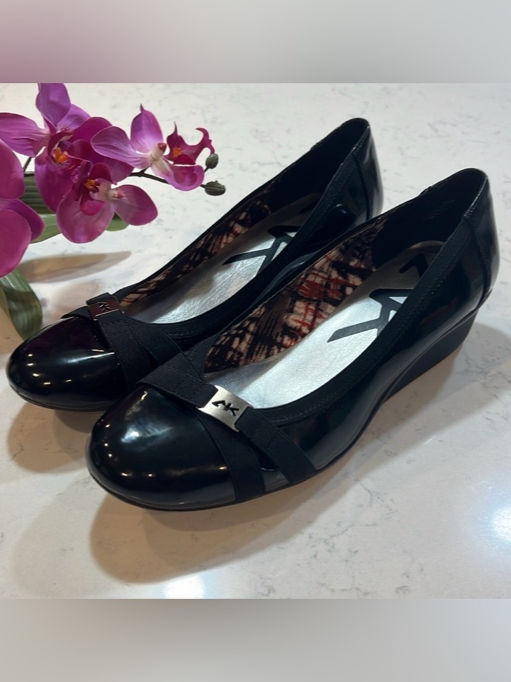 Anne Klein Sport Womens Black Patent Wedge Pump Size 9.5